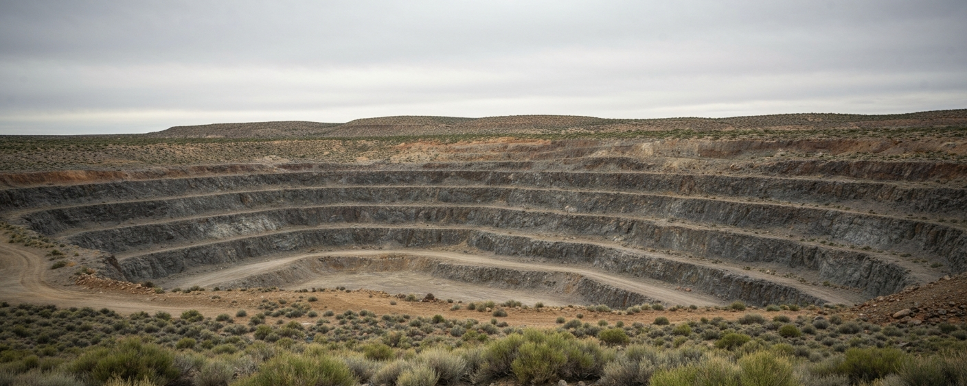 Verlassener Tagebau in der Nevada-Wüste unter bedecktem Himmel – typisches Brownfield-Explorationsprojekt