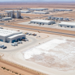 Luftaufnahme eines Industriestandorts nahe einer Lithium-Verarbeitungsanlage in arider Landschaft