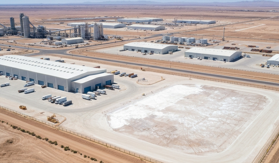 Luftaufnahme eines Industriestandorts nahe einer Lithium-Verarbeitungsanlage in arider Landschaft