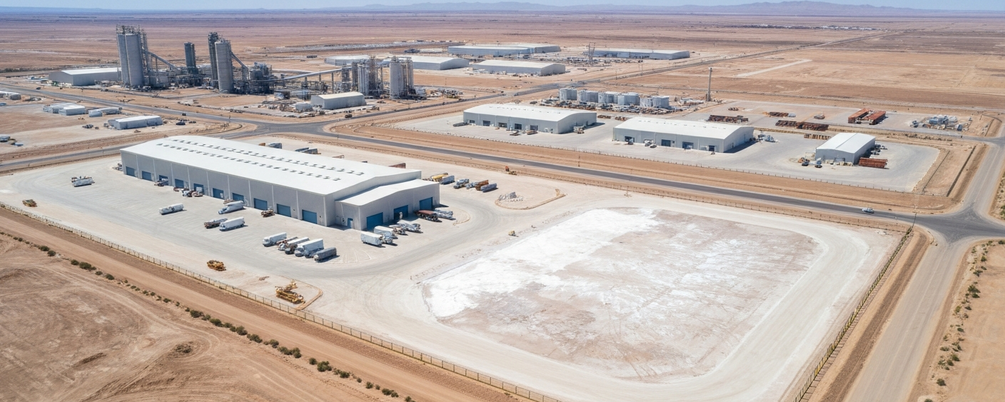 Aerial view of an industrial site near a lithium processing facility in an arid landscape