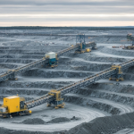 Luftaufnahme eines Nickel-Bergbaudistrikts in Ontario mit Tagebau-Infrastruktur unter bedecktem Himmel