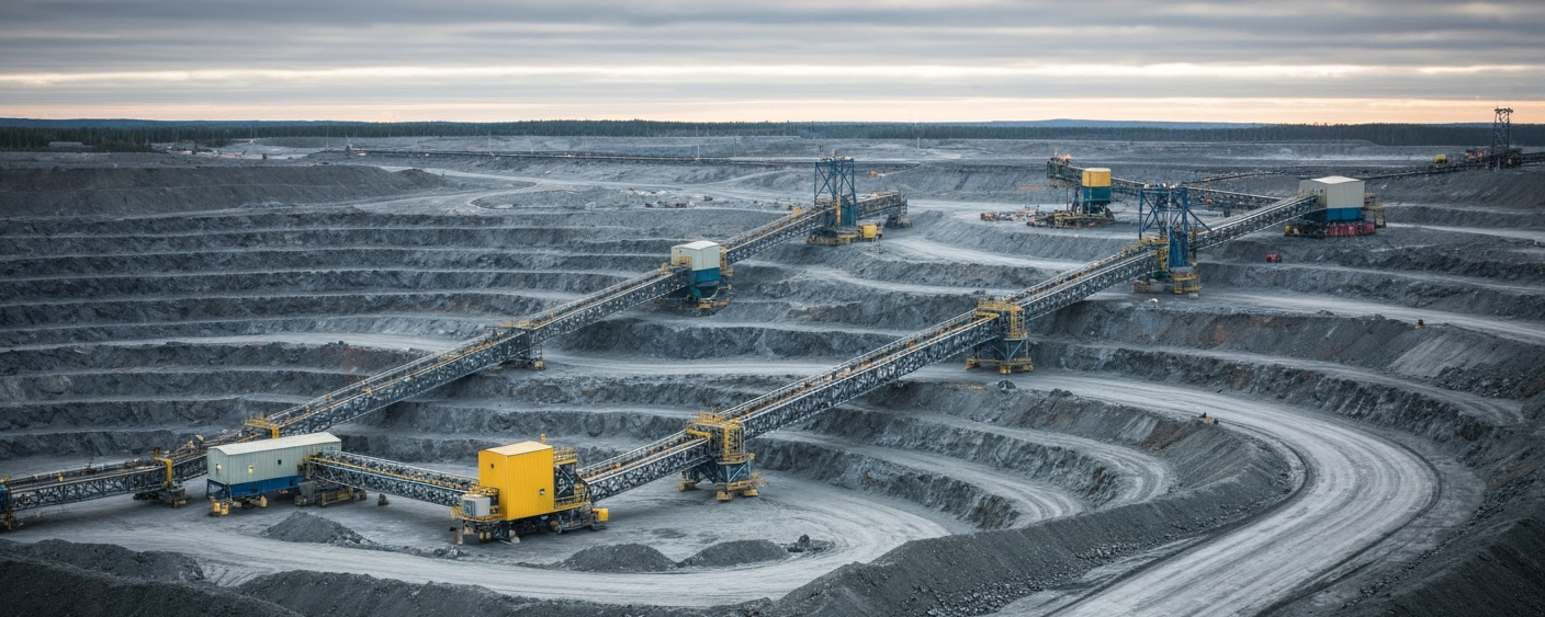 Luftaufnahme eines Nickel-Bergbaudistrikts in Ontario mit Tagebau-Infrastruktur unter bedecktem Himmel