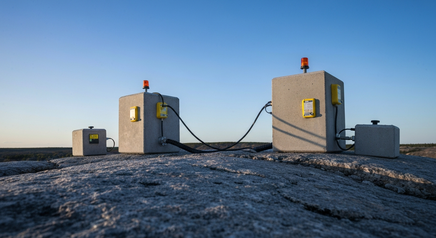 Geophysikalisches Feldequipment auf Felsuntergrund in einem borealen Bergbaudistrikt