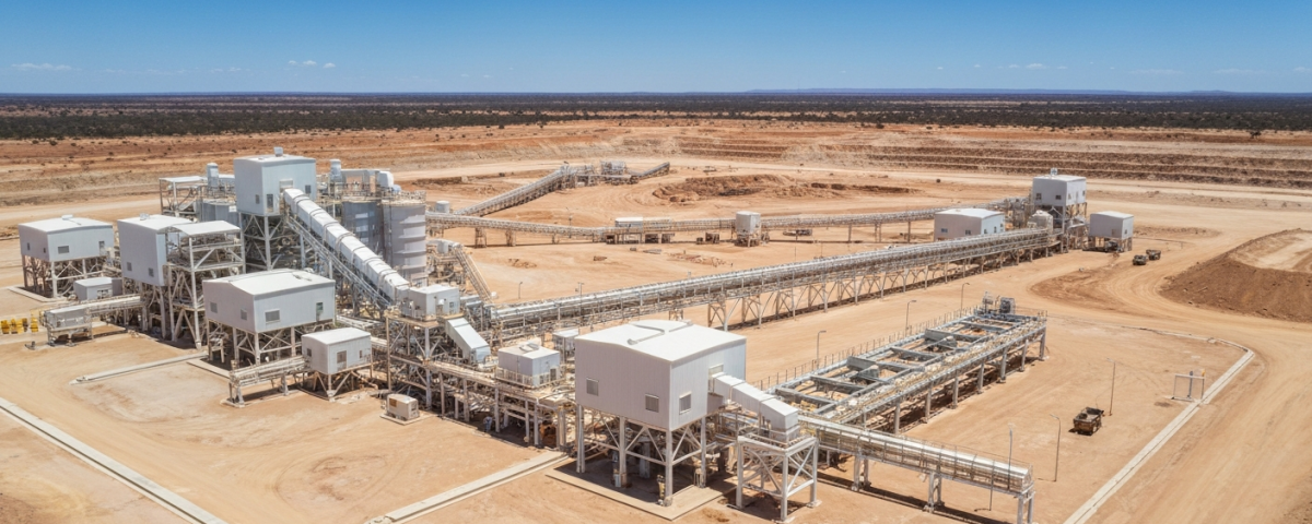 Moderne Mineralverarbeitungsanlage im australischen Outback aus der Vogelperspektive