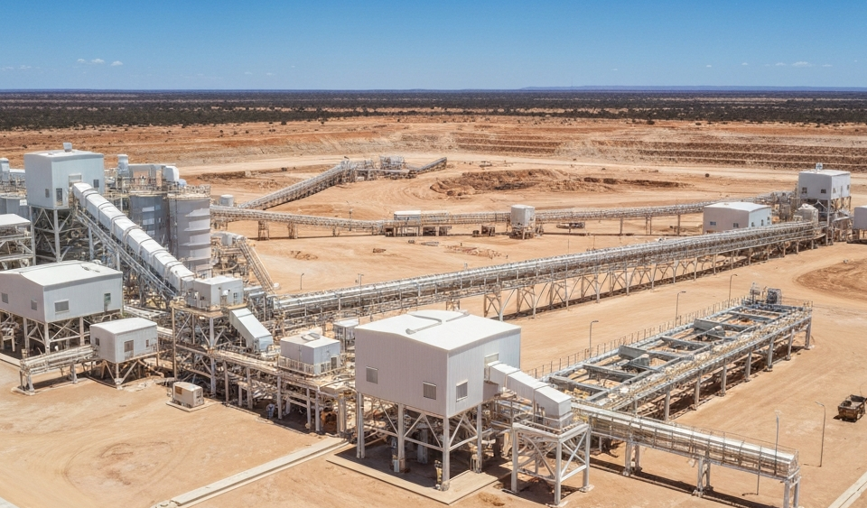 Moderne Mineralverarbeitungsanlage im australischen Outback aus der Vogelperspektive