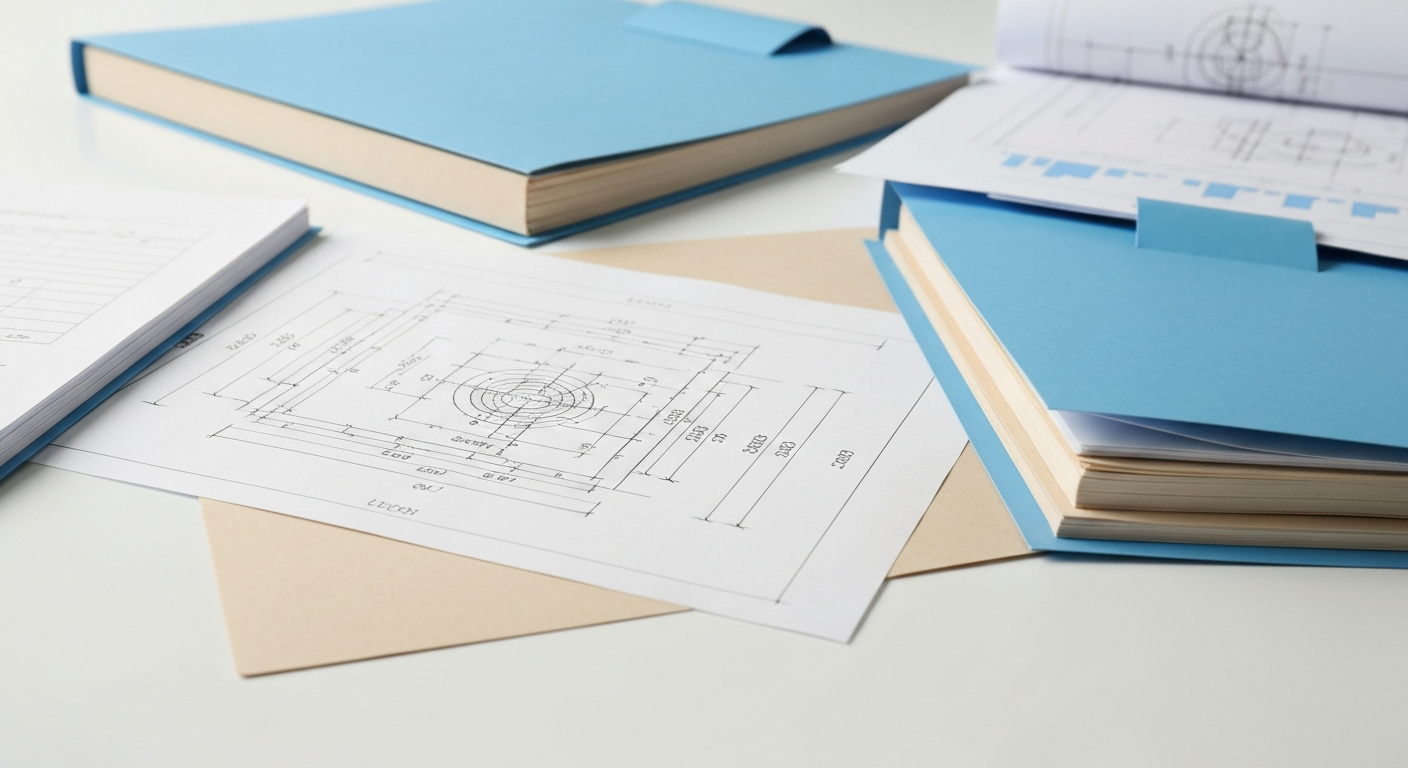 Technical engineering drawings and feasibility studies on a white work surface