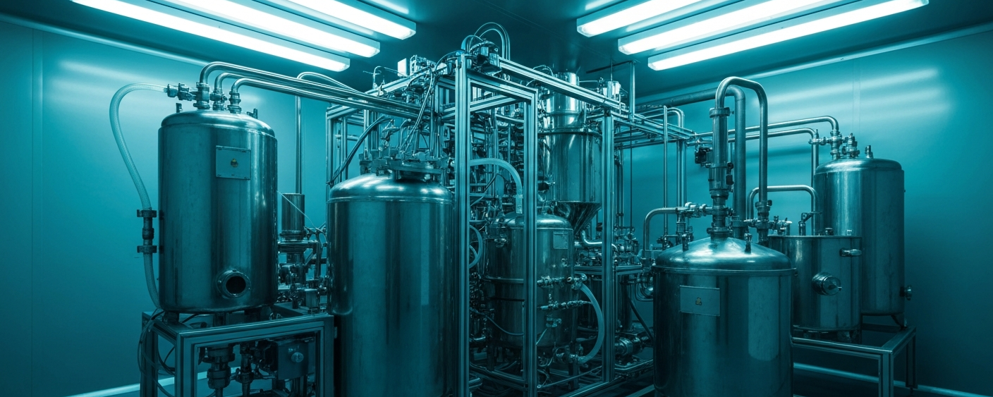 Pilotanlage zur Lithium-Soleextraktion mit Edelstahlbehältern unter kühlem Industrielicht