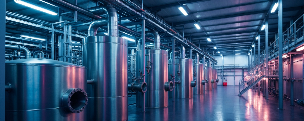 Industrielle Verarbeitungsanlage für Silber-Gold mit metallischen Rohrleitungen und kühlem Licht