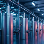 Industrielle Verarbeitungsanlage für Silber-Gold mit metallischen Rohrleitungen und kühlem Licht
