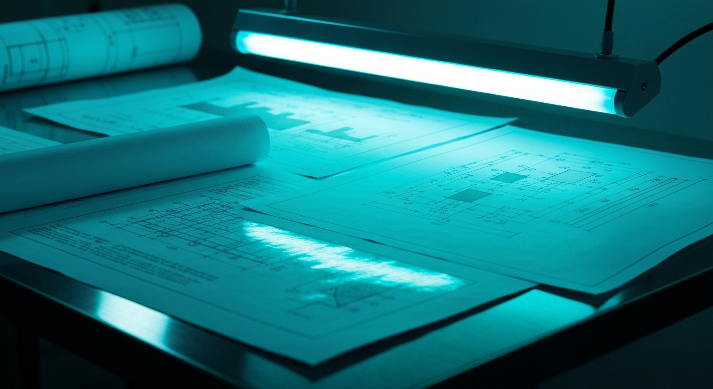 Ingenieurzeichnungen und Machbarkeitsstudie auf einem Zeichentisch unter Neonlicht