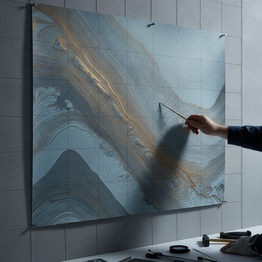 Geologe analysiert geologischen Querschnitt an Bürowand – Grundlage für Down-Plunge-Modellierung