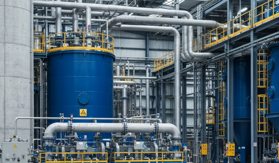 Industrielle Lithiumcarbonat-Raffinerie mit Stahltanks und Betonrohren unter kaltweißem Licht