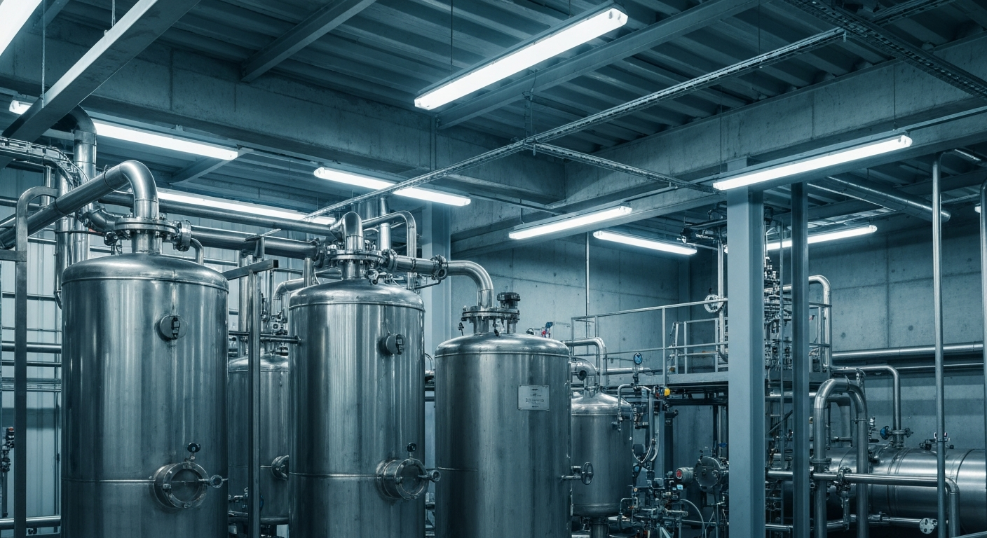 Chemische Fällungsanlage in einer Lithiumraffinerie mit Edelstahlfiltern und Rohrsystem