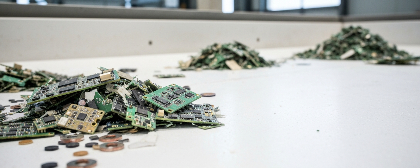 Zerkleinerter Elektronikschrott mit Magnetfragmenten auf weißer Sortierfläche in einer Recyclinganlage