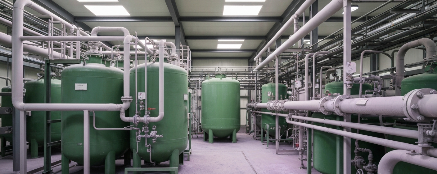 Seltene-Erden-Verarbeitungsanlage mit grünen Tanks und violetten Oxidrückständen in neutralem Industrielicht