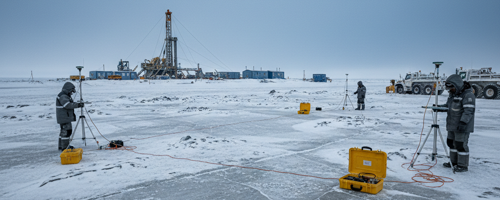Geophysik-Feldteam mit elektromagnetischen Sensoren auf arktischer Tundra nahe einem Uran-Explorationsgebiet