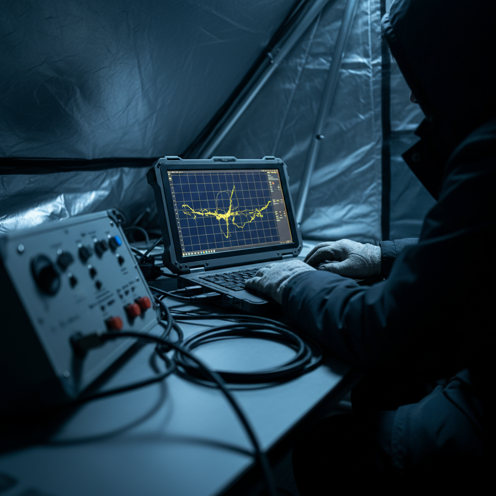 Geophysiker wertet TDEM-Anomaliedaten auf einem Laptop im Feldlager aus