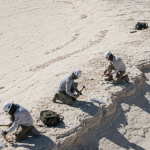 Geologen entnehmen Chip-Proben an einem Gesteinsaufschluss unter hellem Tageslicht