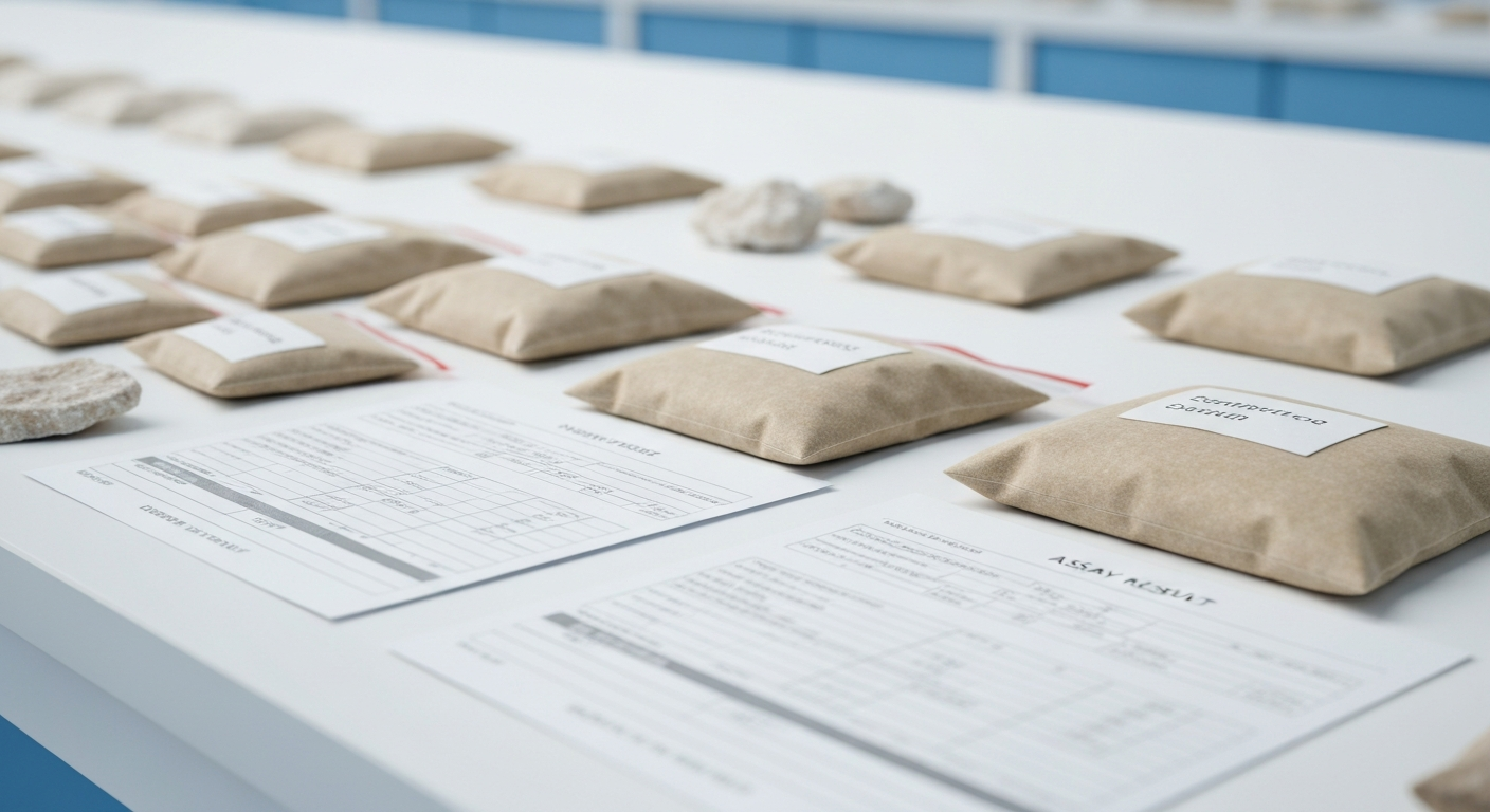 Beschriftete Gesteinsproben-Beutel und Assay-Ergebnisblätter auf weißem Labortisch