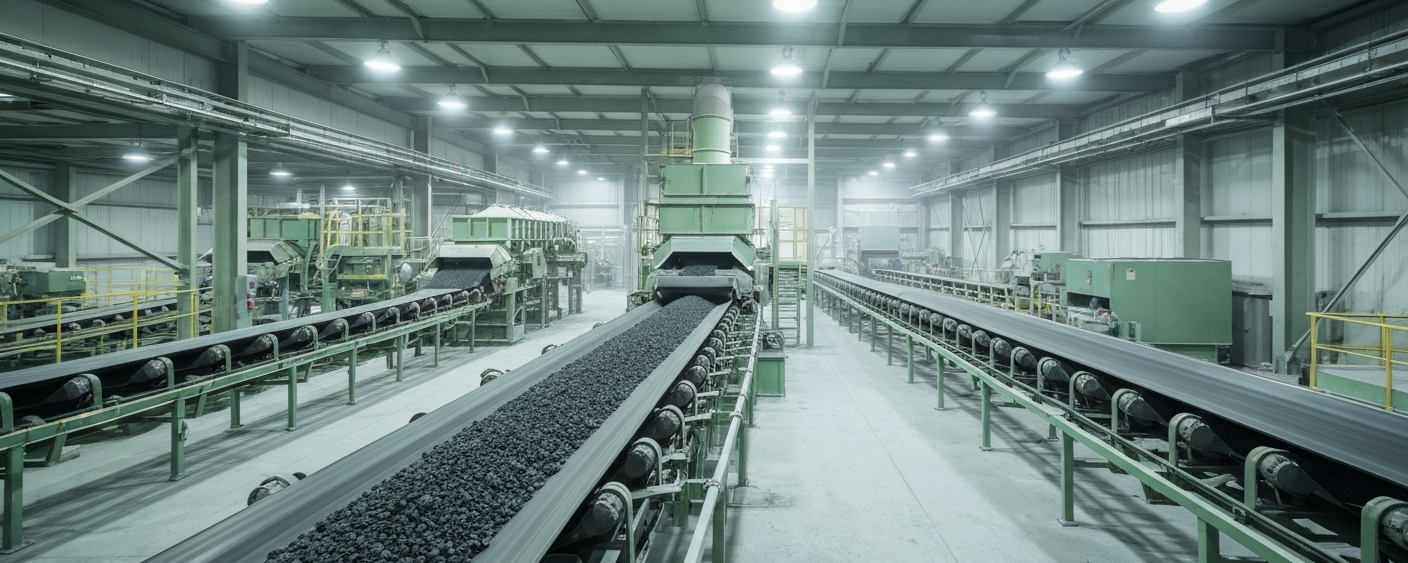 Verarbeitungsanlage für Mineralsande mit Förderbändern und Ilmenit-Erz