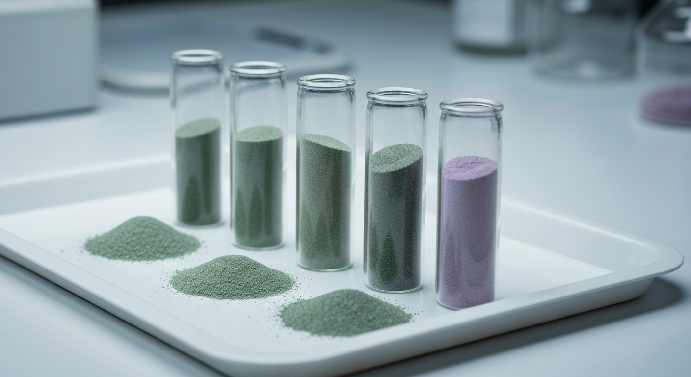Laborgläser mit separierten Mineralsand-Proben in gedämpften Grün- und Lilatönen