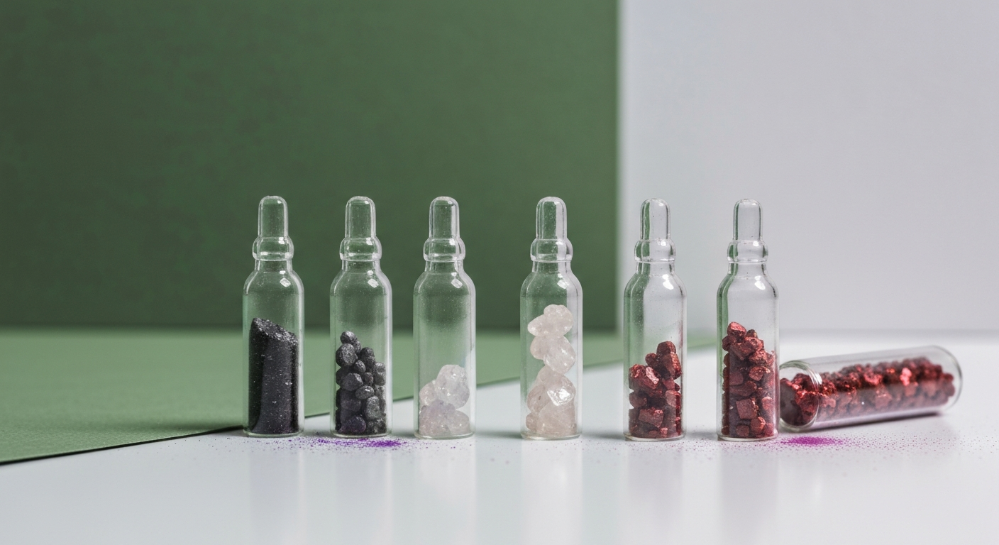Mineralkonzentrat-Proben in Glasfläschchen: Ilmenit, Zirkon und Rutil auf weißer Laborfläche