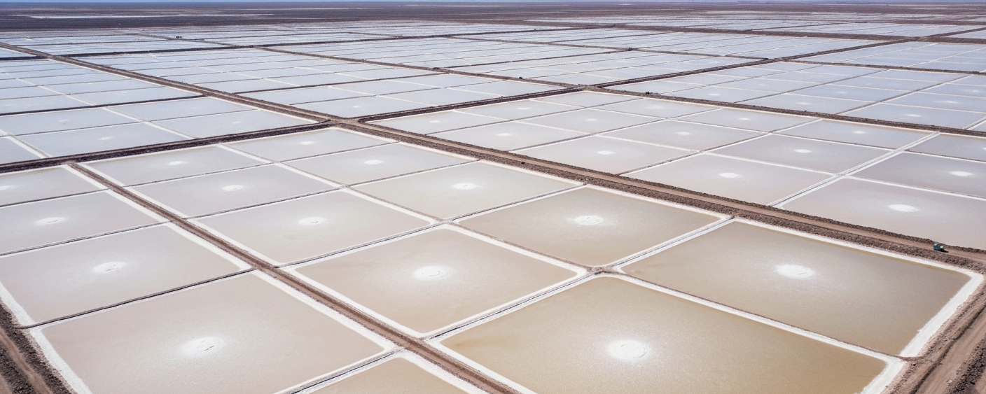 Luftaufnahme eines Lithium-Verdunstungsteichs in einem südamerikanischen Salar bei Tageslicht