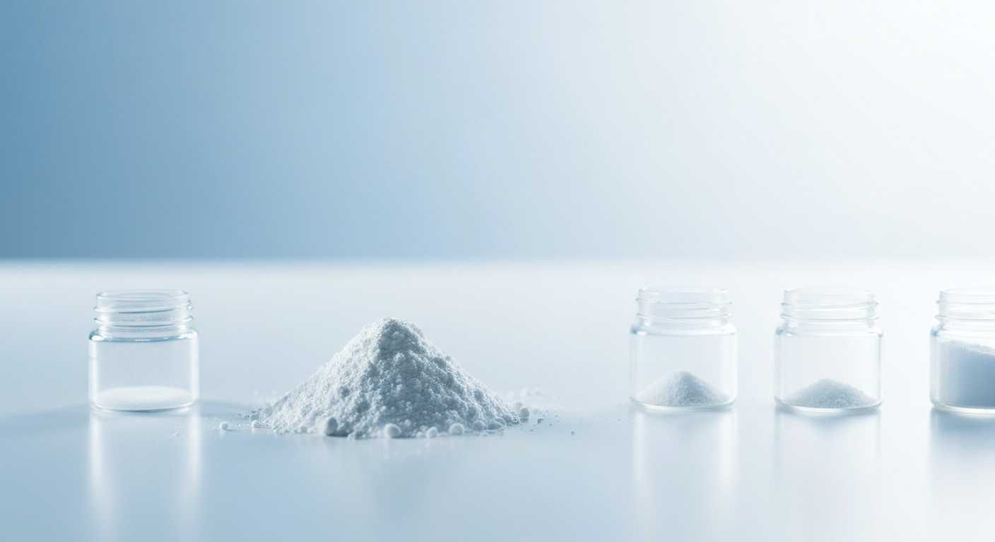 Lithiumcarbonat-Pulver auf weißer Laborfläche mit Probencontainern