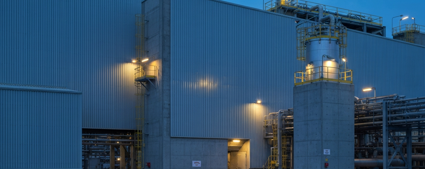 Uranverarbeitungsanlage bei Blaustunde mit kühler Industriebeleuchtung und stählernen Betonbauten