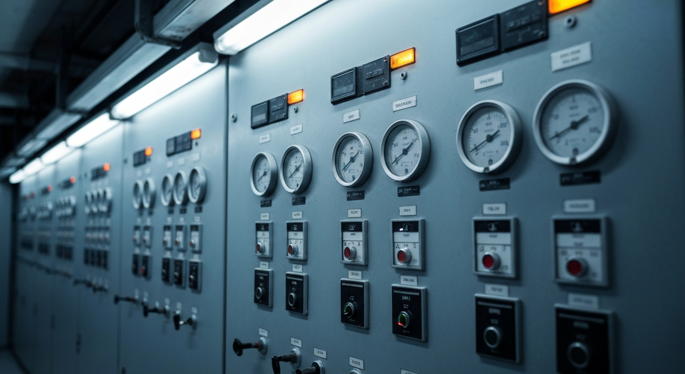 Industrielles Kontrollpanel in einer Uranmühle mit Stahlreglern und kaltem Neonlicht