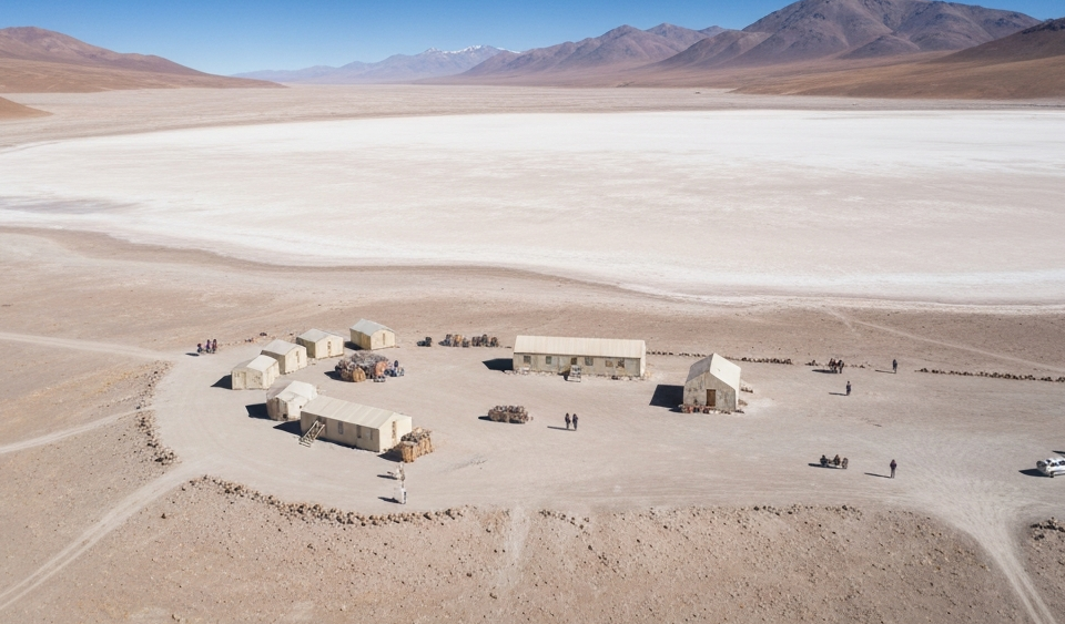 Luftaufnahme eines Explorationscamps am Rand eines Salars – typische Umgebung für Lithium-Frühphasenexploration