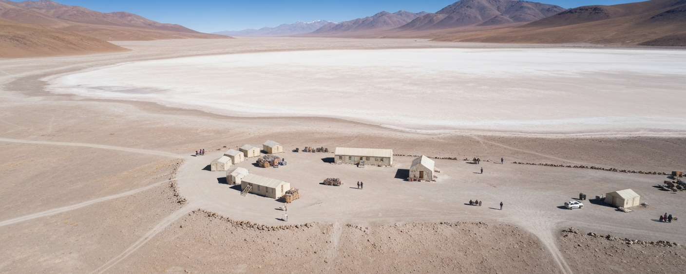 Luftaufnahme eines Explorationscamps am Rand eines Salars – typische Umgebung für Lithium-Frühphasenexploration