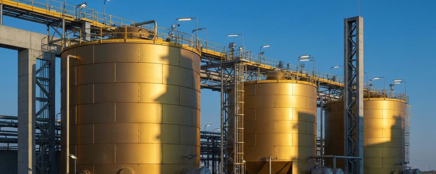 Haufenlaugungsanlage eines Goldprojekts in der Abenddämmerung mit industrieller Infrastruktur
