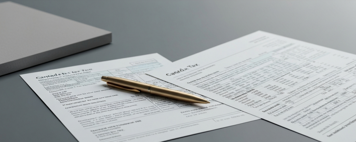 Steuerformulare und Finanzdokumente auf grauem Schreibtisch mit goldfarbenem Stift – Symbol für Flow-Through-Finanzierun
