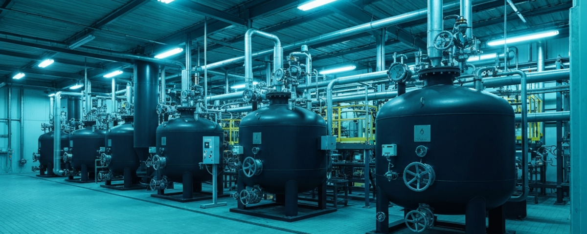 Industrieanlage zur Fluorwasserstoffsäure-Produktion in kühlem Blaulicht