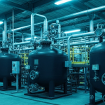 Industrieanlage zur Fluorwasserstoffsäure-Produktion in kühlem Blaulicht