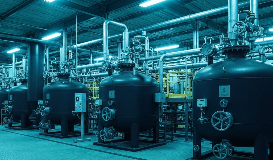Industrieanlage zur Fluorwasserstoffsäure-Produktion in kühlem Blaulicht