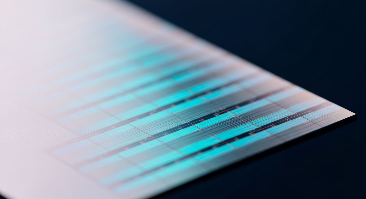 Siliziumwafer mit irisierendem Cyan-Magenta-Interferenzmuster auf weißem Hintergrund