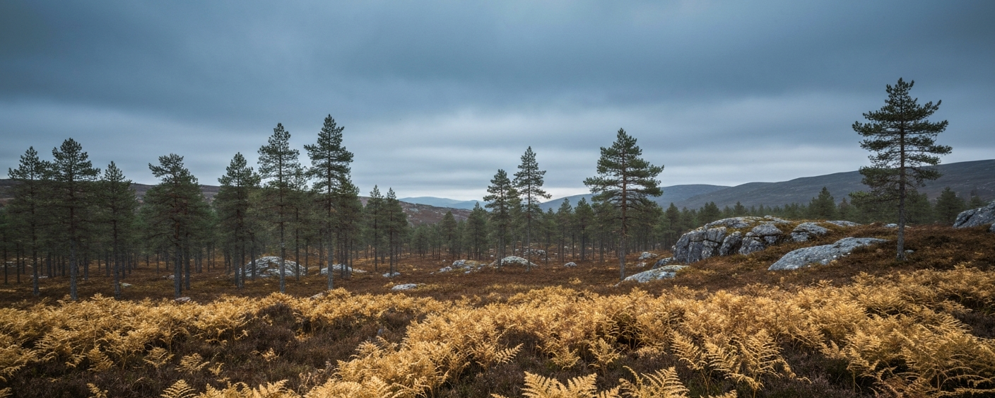 Schottische Hochlandlandschaft mit Nadelwald und bewölktem Himmel – Kulisse europäischer Goldexploration