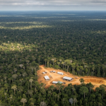 Luftaufnahme eines Explorationsgeländes im tropischen Regenwald mit geologischen Aufschlüssen