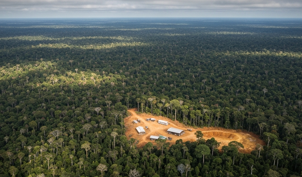 Luftaufnahme eines Explorationsgeländes im tropischen Regenwald mit geologischen Aufschlüssen