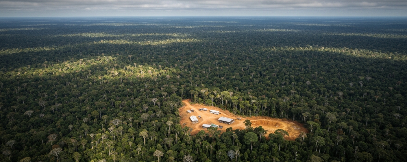 Luftaufnahme eines Explorationsgeländes im tropischen Regenwald mit geologischen Aufschlüssen