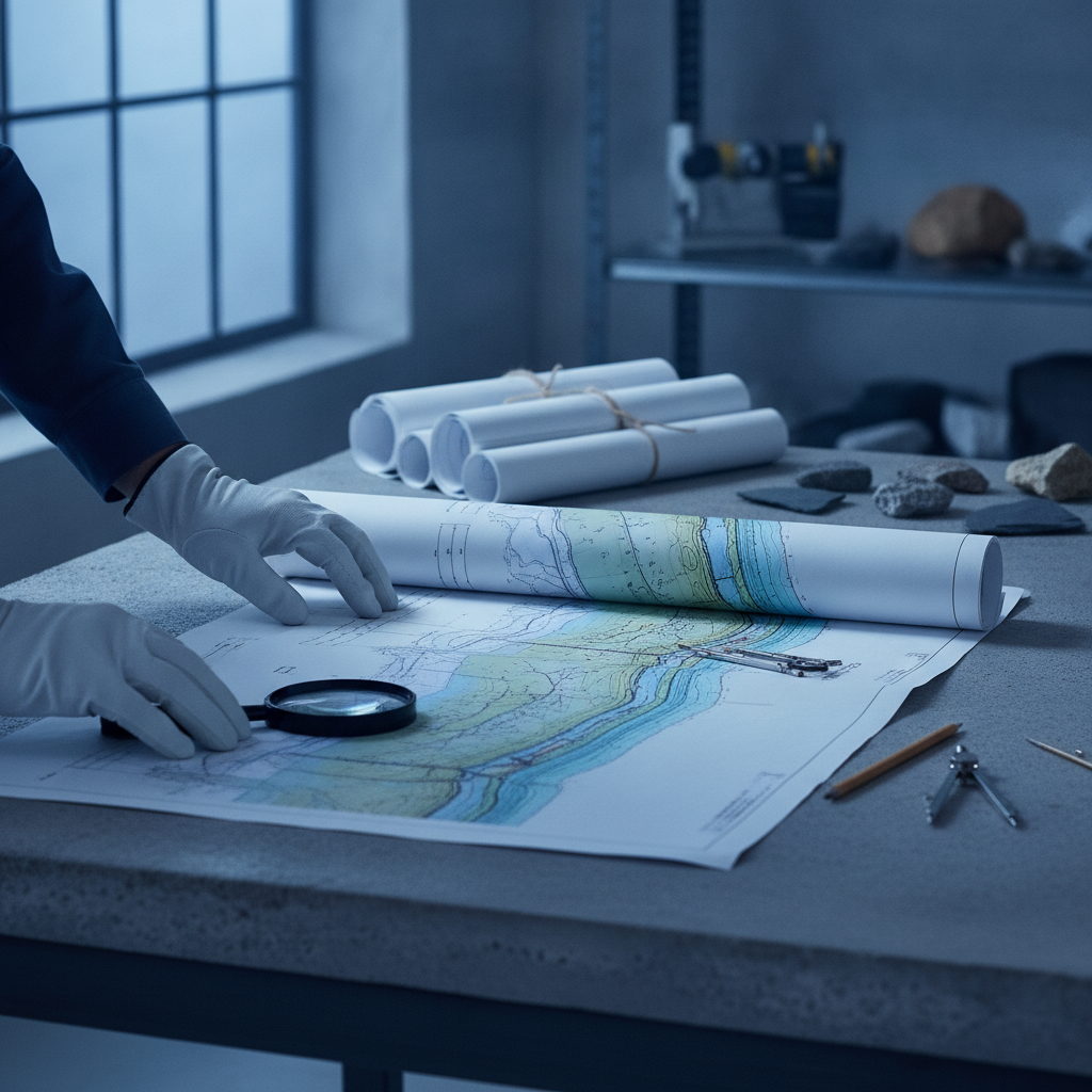 Geologische Querschnittskarten auf Betontisch in einem Feldlabor, Exploration Frühphase