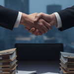 Boardroom-Szene mit Dokumentenstapeln und Handschlag symbolisiert eine Fusionsvereinbarung im Goldsektor