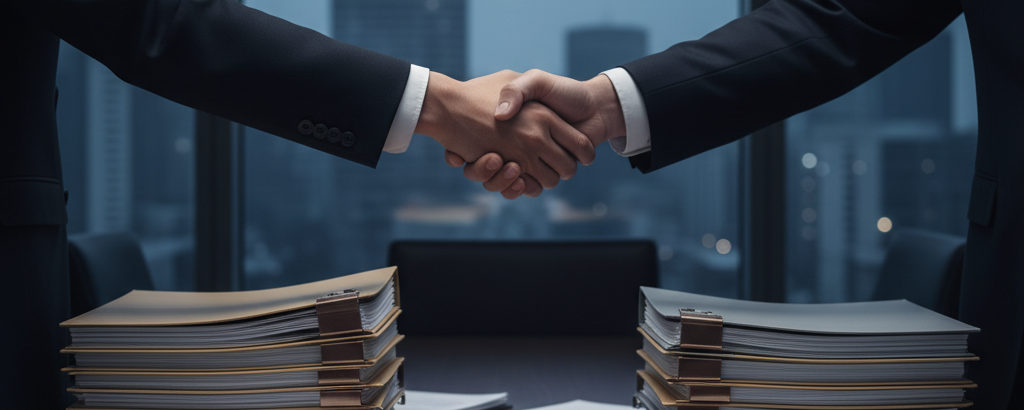 Boardroom-Szene mit Dokumentenstapeln und Handschlag symbolisiert eine Fusionsvereinbarung im Goldsektor