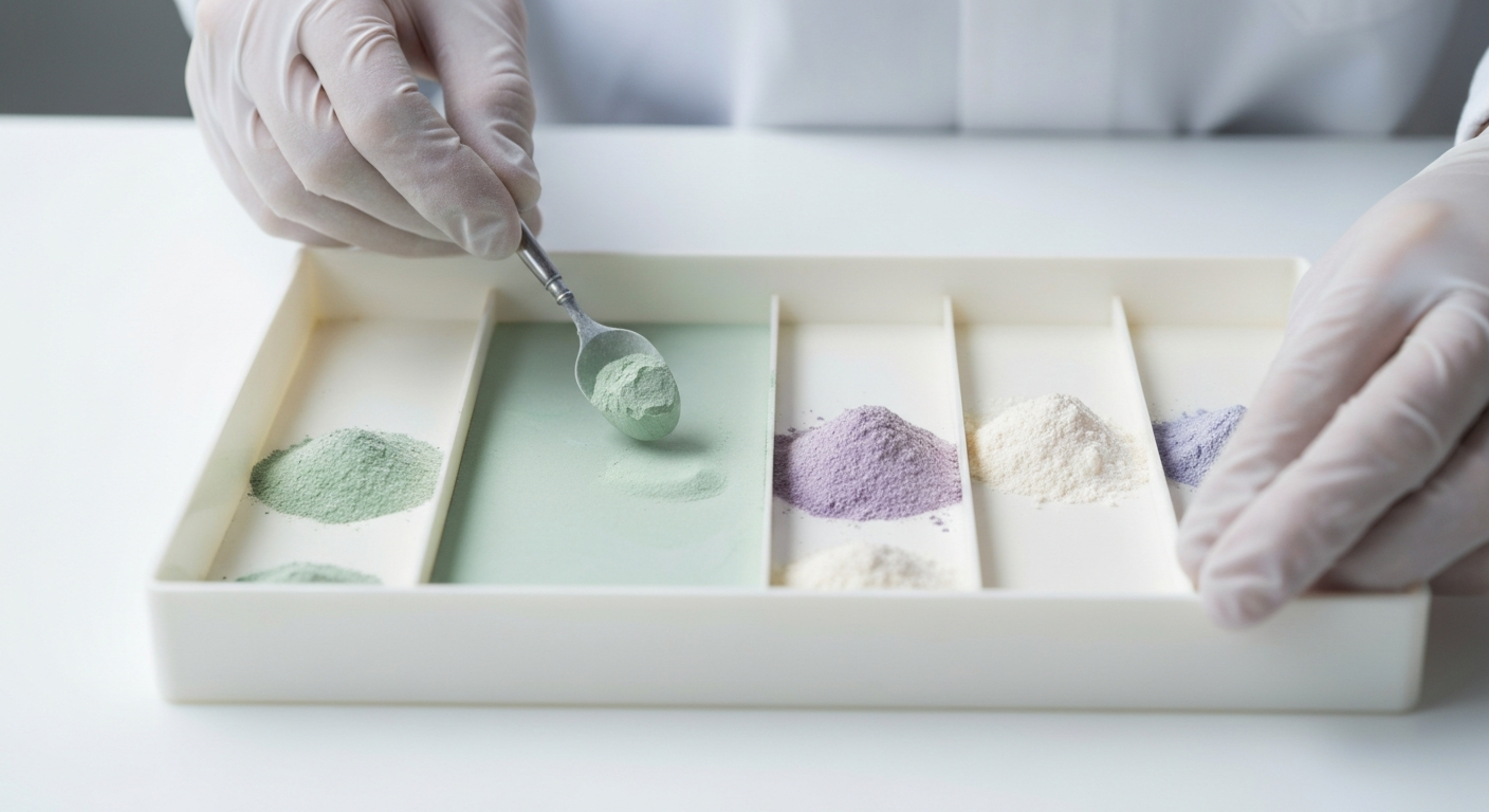 Chemische Trennung von Seltenerd-Oxidpulvern in gedämpften Farben auf weißer Laborfläche