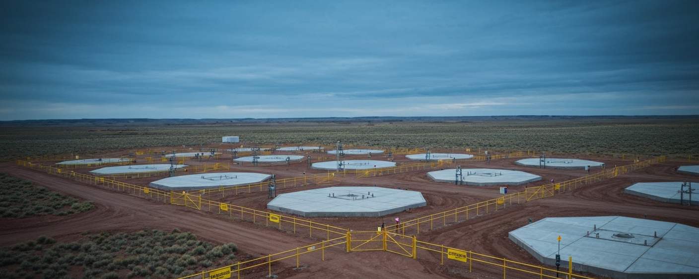 Luftaufnahme einer ISR-Urananlage in Wyoming mit Bohrkopf-Reihen und Sicherheitszäunen unter stahlblauem Himmel