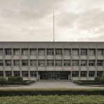 Graues Behördengebäude unter bewölktem Himmel – Symbol für bürokratische Genehmigungsprozesse im Bergbausektor