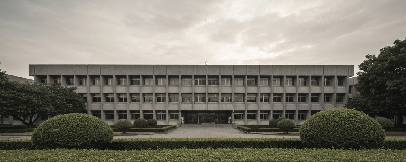 Graues Behördengebäude unter bewölktem Himmel – Symbol für bürokratische Genehmigungsprozesse im Bergbausektor
