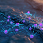 KI-generierte neuronale Netzwerk-Visualisierung über geologischer Kartierung in Blau und Cyan